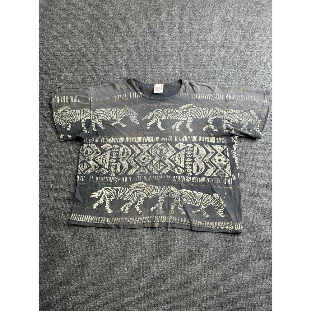 Women's 90s Zebra Tribal Animal Print Faded Boxy T-Shirt Made in USA, Size 2XL